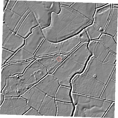 Shaded relief map of the ground around BN271SB, computed from Environment Agency LiDAR. The ground here sits at about 2 m above sea level and falls 3 m across the surrounding 800 m. Surface water reaching this point runs off ground lying to the west, 2.0 m higher.