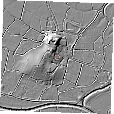 Shaded relief map of the ground around BN271SE, computed from Environment Agency LiDAR. The ground here sits at about 4 m above sea level and falls 10 m across the surrounding 800 m. Surface water reaching this point runs off ground lying to the north-west, 5.1 m higher.