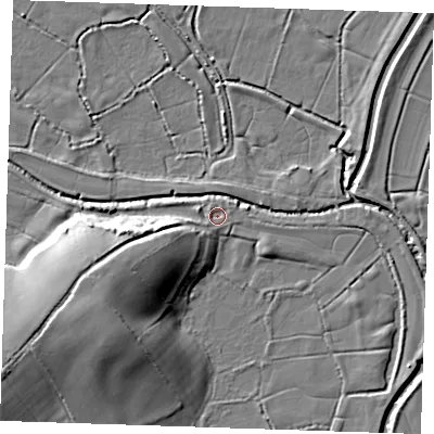 Shaded relief map of the ground around BN271SF, computed from Environment Agency LiDAR. The ground here sits at about 2 m above sea level and falls 14 m across the surrounding 800 m. Surface water reaching this point runs off ground lying to the west-south-west, 11.4 m higher.