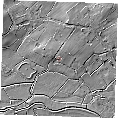 Shaded relief map of the ground around BN272RN, computed from Environment Agency LiDAR. The ground here sits at about 5 m above sea level and falls 8 m across the surrounding 800 m. Surface water reaching this point runs off ground lying to the north, 3.5 m higher.