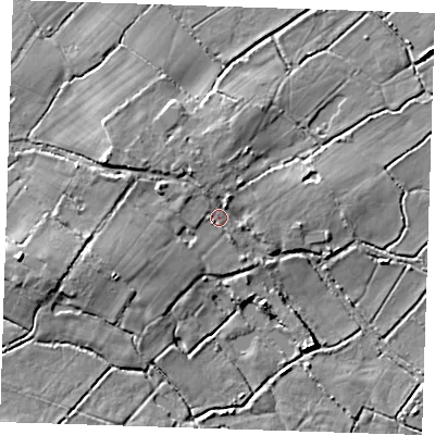 Shaded relief map of the ground around BN272RP, computed from Environment Agency LiDAR. The ground here sits at about 4 m above sea level and falls 7 m across the surrounding 800 m. Surface water reaching this point runs off ground lying to the north-north-west, 3.5 m higher.