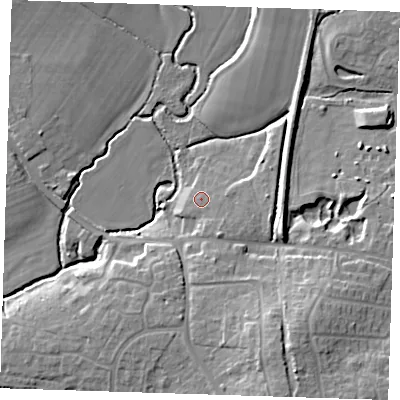 Shaded relief map of the ground around BN273BE, computed from Environment Agency LiDAR. The ground here sits at about 20 m above sea level and falls 16 m across the surrounding 800 m. Surface water reaching this point runs off ground lying to the south-east, 2.0 m higher.