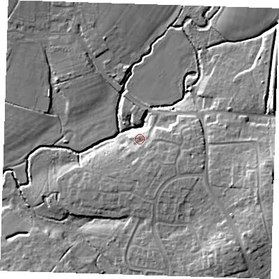 Shaded relief map of the ground around BN273FT, computed from Environment Agency LiDAR. The ground here sits at about 20 m above sea level and falls 16 m across the surrounding 800 m. Surface water reaching this point runs off ground lying to the south-east, 3.4 m higher.