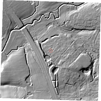 Shaded relief map of the ground around BN273GL, computed from Environment Agency LiDAR. The ground here sits at about 20 m above sea level and falls 13 m across the surrounding 800 m. Surface water reaching this point runs off ground lying to the south-east, 4.6 m higher.
