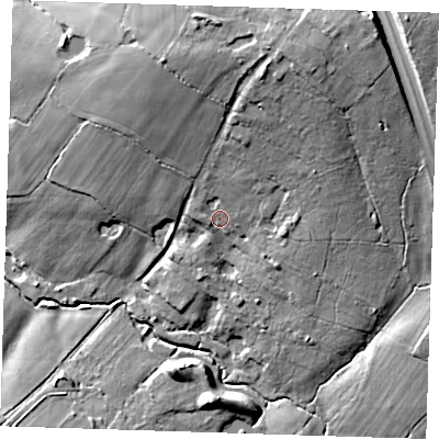 Shaded relief map of the ground around BN273PR, computed from Environment Agency LiDAR. The ground here sits at about 19 m above sea level and falls 18 m across the surrounding 800 m. Surface water reaching this point runs off ground lying to the north-north-east, 11.6 m higher.