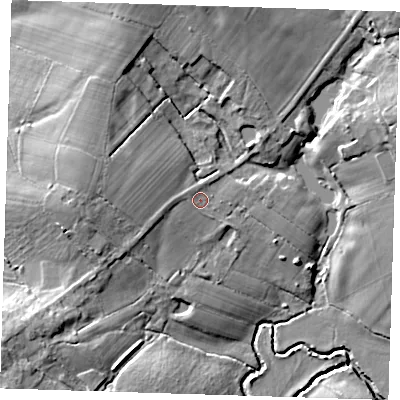 Shaded relief map of the ground around BN273PZ, computed from Environment Agency LiDAR. The ground here sits at about 17 m above sea level and falls 13 m across the surrounding 800 m. Surface water reaching this point runs off ground lying to the west-north-west, 1.4 m higher.