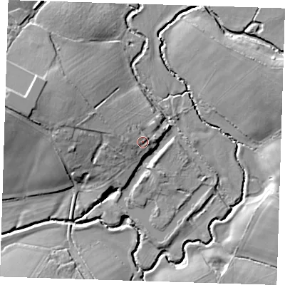 Shaded relief map of the ground around BN273QS, computed from Environment Agency LiDAR. The ground here sits at about 17 m above sea level and falls 16 m across the surrounding 800 m. Surface water reaching this point runs off ground lying to the west-north-west, 3.0 m higher.