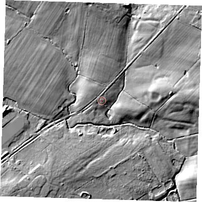 Shaded relief map of the ground around BN273RJ, computed from Environment Agency LiDAR. The ground here sits at about 21 m above sea level and falls 12 m across the surrounding 800 m. Surface water reaching this point runs off ground lying to the north-west, 1.2 m higher.