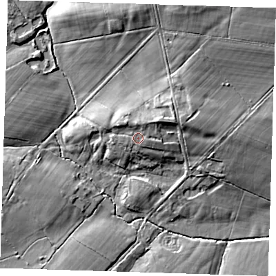Shaded relief map of the ground around BN273SX, computed from Environment Agency LiDAR. The ground here sits at about 21 m above sea level and falls 12 m across the surrounding 800 m. Surface water reaching this point runs off ground lying to the north-east, 3.8 m higher.