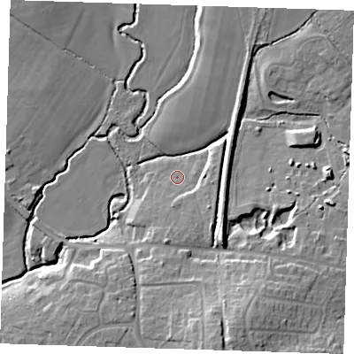 Shaded relief map of the ground around BN273UU, computed from Environment Agency LiDAR. The ground here sits at about 18 m above sea level and falls 16 m across the surrounding 800 m. Surface water reaching this point runs off ground lying to the south, 4.6 m higher.