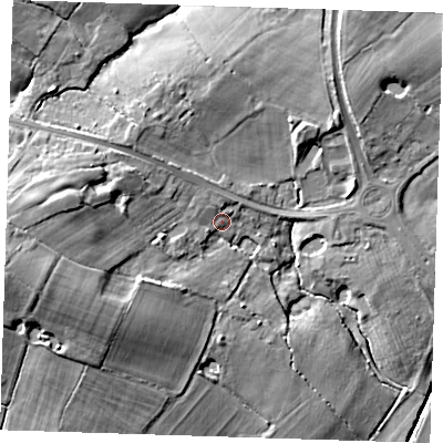 Shaded relief map of the ground around BN274AT, computed from Environment Agency LiDAR. The ground here sits at about 20 m above sea level and falls 18 m across the surrounding 800 m. Surface water reaching this point runs off ground lying to the west, 10.4 m higher.