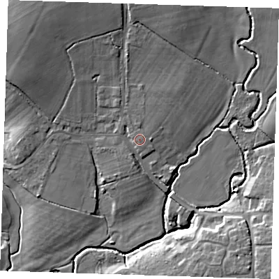 Shaded relief map of the ground around BN274DH, computed from Environment Agency LiDAR. The ground here sits at about 19 m above sea level and falls 11 m across the surrounding 800 m. Surface water reaching this point runs off ground lying to the north-north-west, 1.4 m higher.