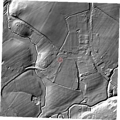 Shaded relief map of the ground around BN274DL, computed from Environment Agency LiDAR. The ground here sits at about 19 m above sea level and falls 11 m across the surrounding 800 m. Surface water reaching this point runs off ground lying to the north-north-west, 6.2 m higher.