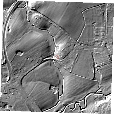 Shaded relief map of the ground around BN274DN, computed from Environment Agency LiDAR. The ground here sits at about 17 m above sea level and falls 12 m across the surrounding 800 m. Surface water reaching this point runs off ground lying to the north-east, 5.4 m higher.