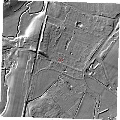 Shaded relief map of the ground around BN274EU, computed from Environment Agency LiDAR. The ground here sits at about 21 m above sea level and falls 16 m across the surrounding 800 m. Surface water reaching this point runs off ground lying to the west-north-west, 7.1 m higher.