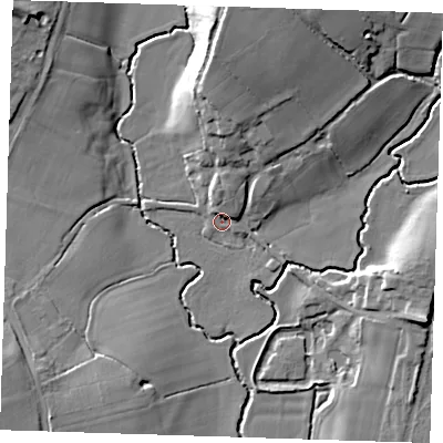 Shaded relief map of the ground around BN274EX, computed from Environment Agency LiDAR. The ground here sits at about 18 m above sea level and falls 16 m across the surrounding 800 m. Surface water reaching this point runs off ground lying to the north, 5.5 m higher.