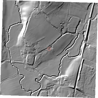 Shaded relief map of the ground around BN274EY, computed from Environment Agency LiDAR. The ground here sits at about 22 m above sea level and falls 20 m across the surrounding 800 m. Surface water reaching this point runs off ground lying to the north-north-west, 11.7 m higher.