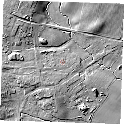Shaded relief map of the ground around BN274FS, computed from Environment Agency LiDAR. The ground here sits at about 12 m above sea level and falls 18 m across the surrounding 800 m. Surface water reaching this point runs off ground lying to the west-south-west, 1.6 m higher.
