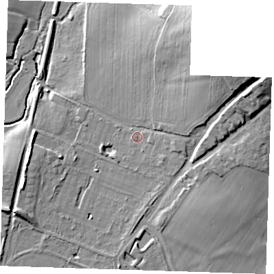 Shaded relief map of the ground around BN274HD, computed from Environment Agency LiDAR. The ground here sits at about 23 m above sea level and falls 24 m across the surrounding 800 m. Surface water reaching this point runs off ground lying to the east-south-east, 1.5 m higher.