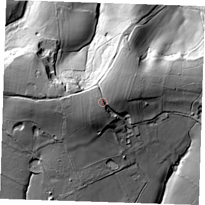 Shaded relief map of the ground around BN274HL, computed from Environment Agency LiDAR. The ground here sits at about 79 m above sea level and falls 39 m across the surrounding 800 m. Surface water reaching this point runs off ground lying to the south-east, 4.5 m higher.