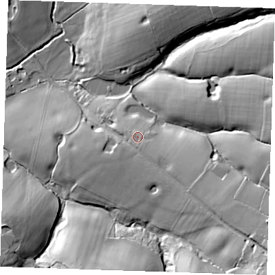 Shaded relief map of the ground around BN274JL, computed from Environment Agency LiDAR. The ground here sits at about 43 m above sea level and falls 31 m across the surrounding 800 m. Surface water reaching this point runs off ground lying to the south-south-east, 1.8 m higher.