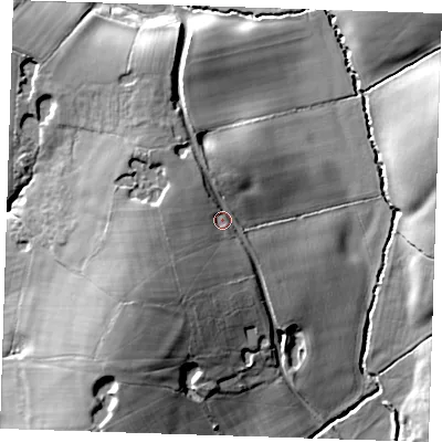 Shaded relief map of the ground around BN274JN, computed from Environment Agency LiDAR. The ground here sits at about 45 m above sea level and falls 22 m across the surrounding 800 m. Surface water reaching this point runs off ground lying to the west, 7.4 m higher.