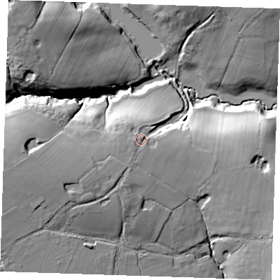 Shaded relief map of the ground around BN274QR, computed from Environment Agency LiDAR. The ground here sits at about 45 m above sea level and falls 36 m across the surrounding 800 m. Surface water reaching this point runs off ground lying to the west, 2.6 m higher.