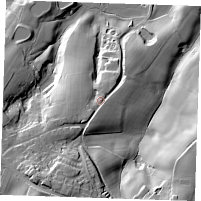 Shaded relief map of the ground around BN274TQ, computed from Environment Agency LiDAR. The ground here sits at about 36 m above sea level and falls 51 m across the surrounding 800 m. Surface water reaching this point runs off ground lying to the south-south-west, 24.0 m higher.