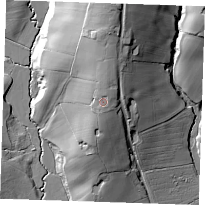 Shaded relief map of the ground around BN274UA, computed from Environment Agency LiDAR. The ground here sits at about 37 m above sea level and falls 40 m across the surrounding 800 m. Surface water reaching this point runs off ground lying to the north-north-east, 3.3 m higher.