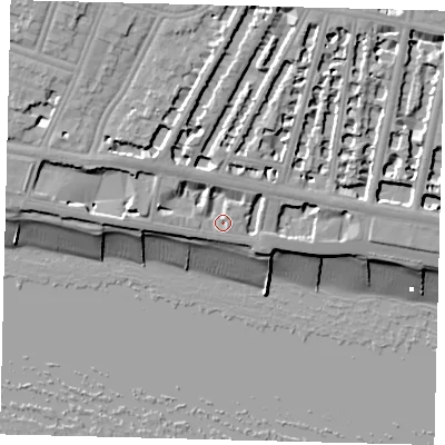 Shaded relief map of the ground around BN32WA, computed from Environment Agency LiDAR. The ground here sits at about 6 m above sea level and falls 16 m across the surrounding 800 m. Surface water reaching this point runs off ground lying to the north-west, 4.3 m higher.