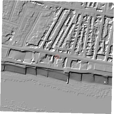 Shaded relief map of the ground around BN32WB, computed from Environment Agency LiDAR. The ground here sits at about 8 m above sea level and falls 17 m across the surrounding 800 m. Surface water reaching this point runs off ground lying to the north, 6.8 m higher.