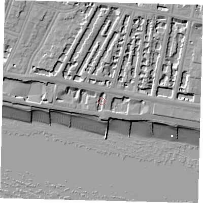 Shaded relief map of the ground around BN32WL, computed from Environment Agency LiDAR. The ground here sits at about 6 m above sea level and falls 17 m across the surrounding 800 m. Surface water reaching this point runs off ground lying to the north-north-west, 3.6 m higher.