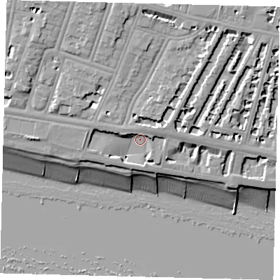 Shaded relief map of the ground around BN32WW, computed from Environment Agency LiDAR. The ground here sits at about 7 m above sea level and falls 17 m across the surrounding 800 m. Surface water reaching this point runs off ground lying to the east-north-east, 8.4 m higher.