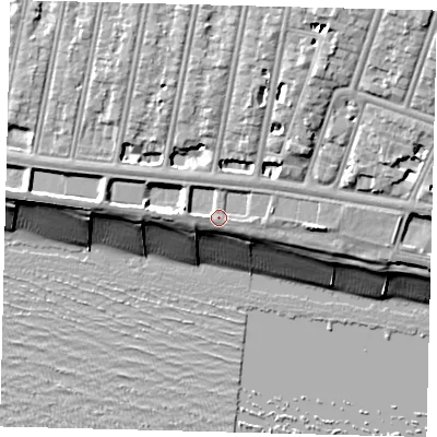 Shaded relief map of the ground around BN34FA, computed from Environment Agency LiDAR. The ground here sits at about 7 m above sea level and falls 17 m across the surrounding 800 m. Surface water reaching this point runs off ground lying to the east, 1.7 m higher.