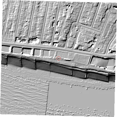 Shaded relief map of the ground around BN34GP, computed from Environment Agency LiDAR. The ground here sits at about 7 m above sea level and falls 17 m across the surrounding 800 m. Surface water reaching this point runs off ground lying to the east, 2.0 m higher.
