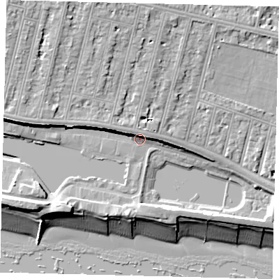 Shaded relief map of the ground around BN34LW, computed from Environment Agency LiDAR. The ground here sits at about 5 m above sea level and falls 17 m across the surrounding 800 m. Surface water reaching this point runs off ground lying to the north, 5.7 m higher.