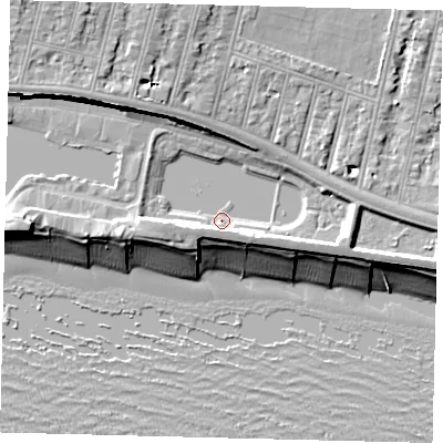 Shaded relief map of the ground around BN34LX, computed from Environment Agency LiDAR. The ground here sits at about 3 m above sea level and falls 15 m across the surrounding 800 m. Surface water reaching this point runs off ground lying to the north-west, 8.9 m higher.