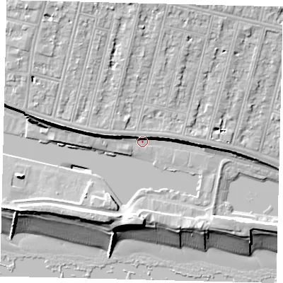 Shaded relief map of the ground around BN34PQ, computed from Environment Agency LiDAR. The ground here sits at about 4 m above sea level and falls 18 m across the surrounding 800 m. Surface water reaching this point runs off ground lying to the west-north-west, 8.1 m higher.