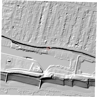 Shaded relief map of the ground around BN34QT, computed from Environment Agency LiDAR. The ground here sits at about 4 m above sea level and falls 18 m across the surrounding 800 m. Surface water reaching this point runs off ground lying to the north-north-west, 5.1 m higher.