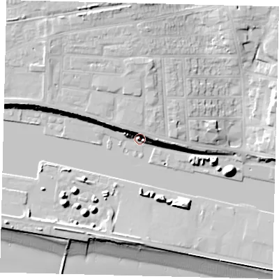 Shaded relief map of the ground around BN411AZ, computed from Environment Agency LiDAR. The ground here sits at about 8 m above sea level and falls 21 m across the surrounding 800 m. Surface water reaching this point runs off ground lying to the north-west, 10.0 m higher.