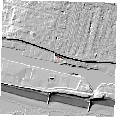 Shaded relief map of the ground around BN411BD, computed from Environment Agency LiDAR. The ground here sits at about 5 m above sea level and falls 19 m across the surrounding 800 m. Surface water reaching this point runs off ground lying to the north, 7.9 m higher.