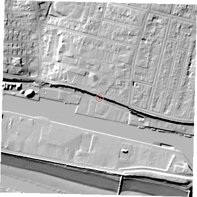 Shaded relief map of the ground around BN411DN, computed from Environment Agency LiDAR. The ground here sits at about 4 m above sea level and falls 19 m across the surrounding 800 m. Surface water reaching this point runs off ground lying to the north-north-east, 2.6 m higher.