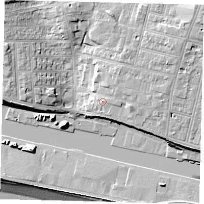 Shaded relief map of the ground around BN411EG, computed from Environment Agency LiDAR. The ground here sits at about 12 m above sea level and falls 19 m across the surrounding 800 m. Surface water reaching this point runs off ground lying to the north-east, 2.2 m higher.