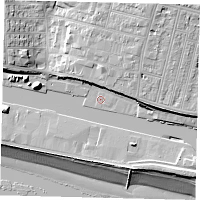 Shaded relief map of the ground around BN411ET, computed from Environment Agency LiDAR. The ground here sits at about 4 m above sea level and falls 19 m across the surrounding 800 m. Surface water reaching this point runs off ground lying to the north-east, 8.3 m higher.