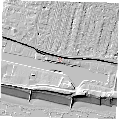 Shaded relief map of the ground around BN411UY, computed from Environment Agency LiDAR. The ground here sits at about 6 m above sea level and falls 18 m across the surrounding 800 m. Surface water reaching this point runs off ground lying to the west-north-west, 0.7 m higher.