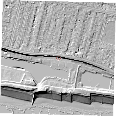 Shaded relief map of the ground around BN411WA, computed from Environment Agency LiDAR. The ground here sits at about 4 m above sea level and falls 18 m across the surrounding 800 m. Surface water reaching this point runs off ground lying to the north-west, 4.8 m higher.