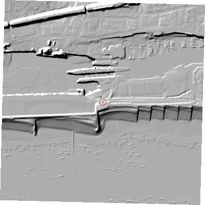 Shaded relief map of the ground around BN411WD, computed from Environment Agency LiDAR. The ground here sits at about 6 m above sea level and falls 16 m across the surrounding 800 m. Surface water reaching this point runs off ground lying to the south, 4.0 m higher.