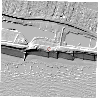 Shaded relief map of the ground around BN411WE, computed from Environment Agency LiDAR. The ground here sits at about 5 m above sea level and falls 16 m across the surrounding 800 m. Surface water reaching this point runs off ground lying to the east-south-east, 1.9 m higher.