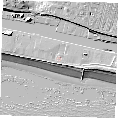 Shaded relief map of the ground around BN411WF, computed from Environment Agency LiDAR. The ground here sits at about 5 m above sea level and falls 18 m across the surrounding 800 m. Surface water reaching this point runs off ground lying to the south-south-east, 3.5 m higher.