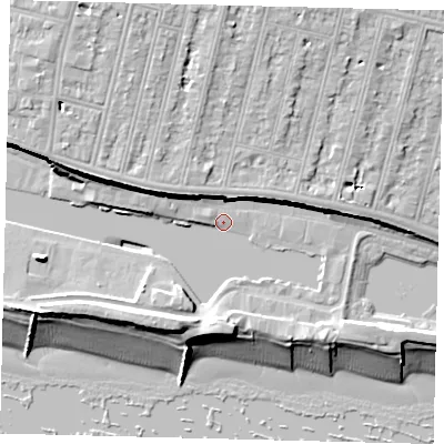 Shaded relief map of the ground around BN411WR, computed from Environment Agency LiDAR. The ground here sits at about 4 m above sea level and falls 18 m across the surrounding 800 m. Surface water reaching this point runs off ground lying to the west-north-west, 8.6 m higher.